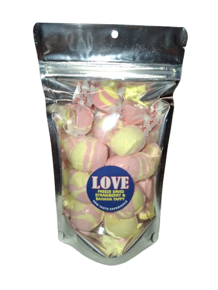 Freeze dried strawberry & banana salt water taffy Before and After