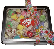 Load image into Gallery viewer, Assorted salt water taffy Happy birthday gift tin.
